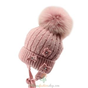 Barbaras Baby Girls Winter Natural Pom Pom Hat
